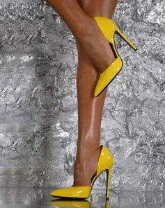 2018 Sexy lumineux jaune brillant en cuir mince talons hauts pompes femme Gap ouverture OL bout pointu pompe boîte de nuit chaussures pour dames