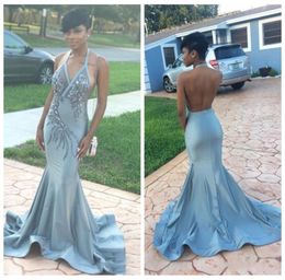 2018 Sexy Mermaid Prom Dresses v Neck Halter Appliques kralen Spandex Backless Dusty Blue Evening Jurken African Girls Party Dressle293766