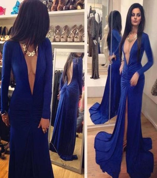 2018 Robes de bal sexy Blue Royal Deep V Neck Neck Long Sheeve Open Back Spee Sweep Train Train Robes de soirée Célébrité Robe de fête sous 17225186