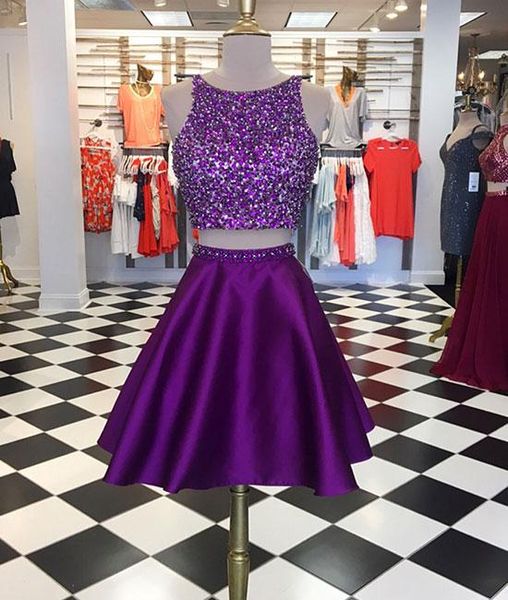 2022 Sexy Purple Crystal Corpiño 2 piezas Vestidos de fiesta de regreso a casa cortos y baratos con cremallera en la espalda para niña Una línea Vestido de cóctel de graduación de satén