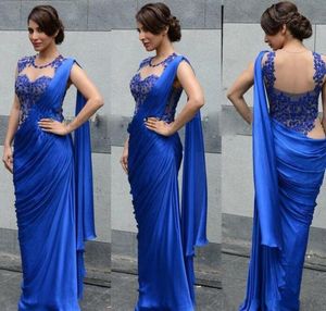 Sexy Royal Blue Arabic Indian Women Avondjurken Schede Applique Sheer Wrap Formele Prom Dress Party Jurken Saree