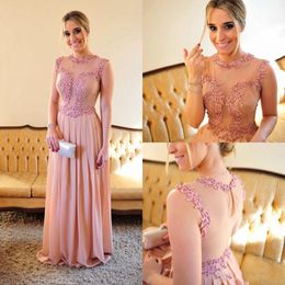 2018 Sexy Sheer Back Crew Pink Avondjurk Vloer Lengte Speciale Gelegenheid Lang met Beaded Avondjurk Kant