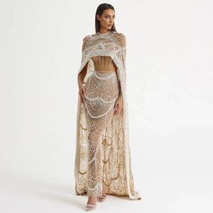 Luxury Pearls Dubai Champagne Robes de soirée avec Cape 2024 Nouvelles femmes arabes Sirène Party Prom Robe BC16805