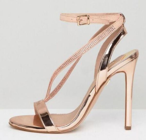 2018 mujeres sexy Champagne oro tacones altos zapatos de fiesta sandalias de diamantes de imitación bling bling gladiador sandalias brillo zapatos de boda