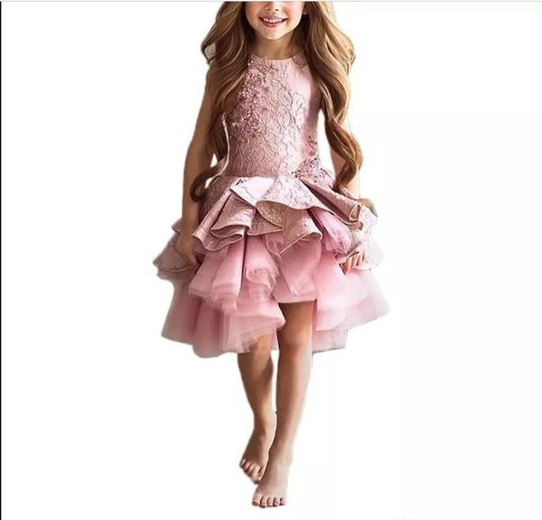 2018 Court rose Enfants Petites Filles Pageant Interview Costumes Rose Puffy Filles Robe De Bal Volants En Cascade Enfants Tulle Enfants Robes De Soirée