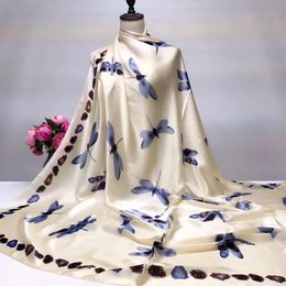 Bufanda cuadrada de satén de seda 2018 para mujer Hijab estampado chal largo libélula elegante moda suave 140 140299T