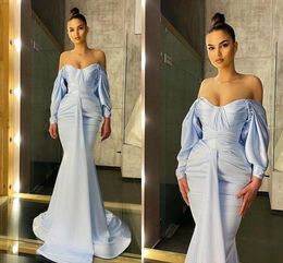 2022 Bebé simple azul claro Dubai árabe Aso Ebi sirena vestidos de baile sexy fuera del hombro mangas largas vestido de noche formal desgaste por encargo