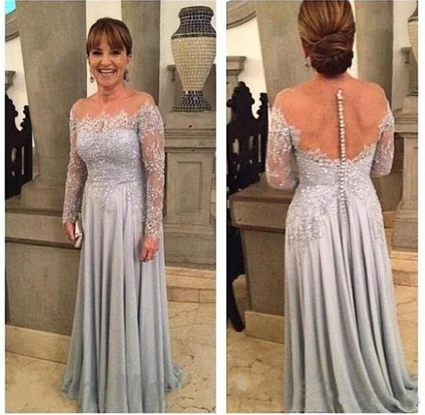 2018 Vestidos plateados para madre de la novia Encaje Cuello transparente Manga larga Formal Madrina Banquete de boda Cena Invitados Vestido de talla grande