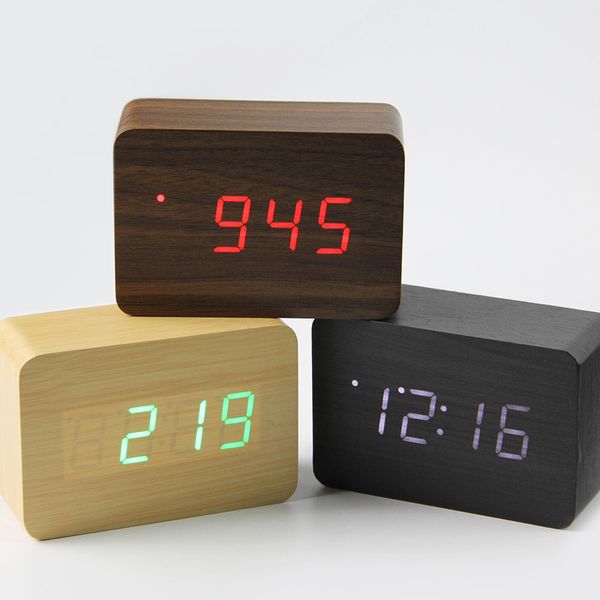 Petite horloge numérique LED en bois, mignon, contrôle du son, affichage USB de la température, horloge électronique de Table de bureau, 2018