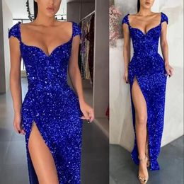2022 sirène robes de bal sexy bleu royal arabe aso ebi paillettes dentelle paillettes perlées soirée cap manches robes de soirée formelles côté fendu