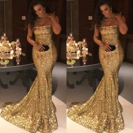 2018 Sparkly Sexy Mermaid Avondjurken Strapless Backless Gold Prom Jurken Goedkope Long Party Formele Jurken