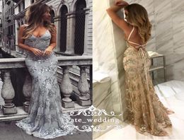 2018 Sparkly Silver Gray Mermaid Evening Jurken V Neck Criss Cross Back Back Champagne Gold Prom Dresses Sexy Backless Formal Ghowns7286196