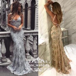 2018 Sparkly Silver Gray Mermaid Evening Jurken V Neck Criss Cross Back Back Champagne Gold Prom Dresses Sexy Backless Formal Ghowns4881972