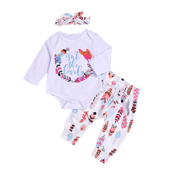 2018 printemps bébé fille vêtements ensemble à manches longues col rond imprimé bébé barboteuse pantalon bandeau 3 pièces tenues infantile enfant en bas âge enfants filles ensemble de vêtements