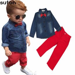 2018 Primavera Moda Casual Children039s Conjunto de ropa Ropa para bebés Ropa de mezclilla de algodón Camisas de manga larga Pantalones rojos Ropa para niños 31077963