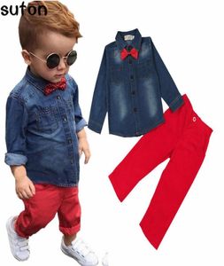 2018 Lente Mode Casual Children039s Kleding Set Baby Jongens Kleding Katoen Denim Shirts Met Lange Mouwen Rode Broek Kinderkleding 33516286