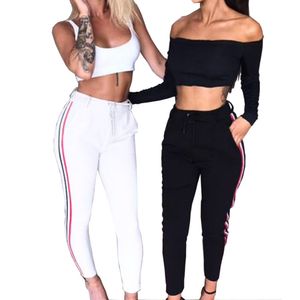 2018 lente mode sportieve sweatpant vrouwen side gestreepte broek broek casual hoge elastische taille trekkoord slanke potlood broek