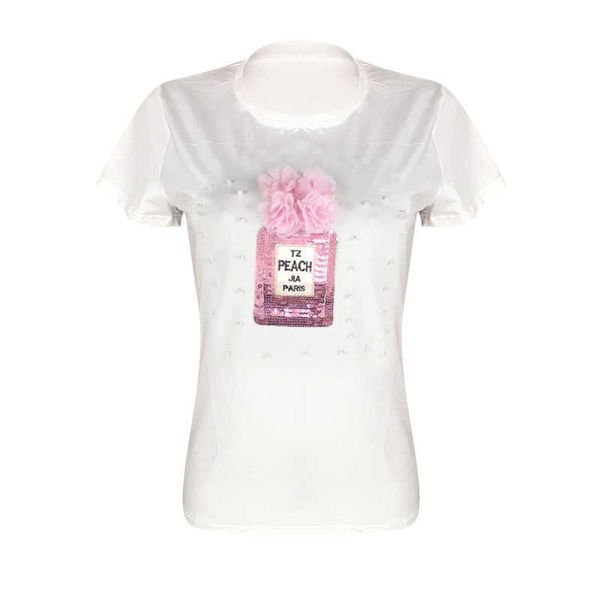 2018 Printemps Eté 3d Paillettes Florales Bouteille T-shirt Couverture En Coton Femmes T-shirt Y19051301