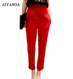 2018 Pantalones de cintura alta de primavera de primavera para mujeres Pantalones de longitud de anklelzgo Pantalones sólidos Redios rojos Femenino Casual Loose Y1907099987372