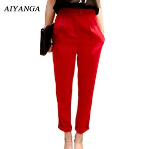 2018 lente zomer hoge taille broek voor vrouwen harem enkellange broek effen kleur rode broek vrouwelijke casual losse mode y19070101