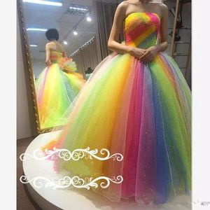 2019 strapless kleur regenboog prom jurken plooi puffy baljurk avondjurk surplice meisjes pageant speciale gelegenheid feestjurken gewoonte