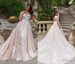 2018 Impresionante diseñador Una línea Vestidos de novia Escote de ilusión Mangas largas transparentes Bordado completo Corte Tren Vestidos de novia 9007130