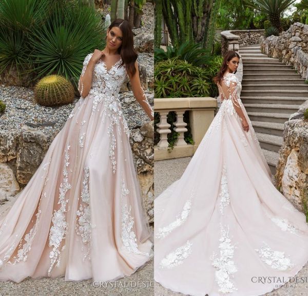 2018 Superbe Designer Une Ligne Robes De Mariée Illusion Décolleté Sheer Manches Longues Pleine Broderie Court Train Robes De Mariée8323499