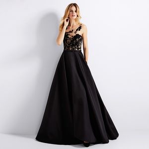 Prachtige avondjurk Zwart Satijn Prom Jurk met zakken Sheer met Floral Applique Buttons Terug formele jurken