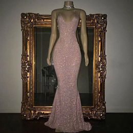 2018 prachtige roze roze lovertjes prom dresses sexy spaghetti riemen zeemeermin feestjurken mouwloze avondjurken