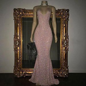 2018 prachtige roze roze lovertjes prom dresses sexy spaghetti riemen zeemeermin feestjurken mouwloze avondjurken