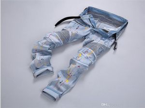 2018 Style Men039S Kleding Foreign Trade Solid Tide of Inkjet Locomotive Fold elastische jeans man495687