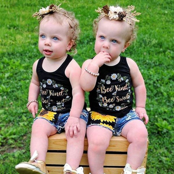 2018 Été Bébé Fille Vêtements Tournesol Enfants T-shirt Débardeurs + Denim Jeans Pantalons Shorts 2 PCS Filles Vêtements Ensemble Enfant Vêtements Pour Enfants