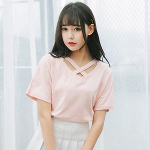 2018 été nouvelles femmes mignon rose T-shirt mode coréenne col en v évider à manches courtes T-shirt femme décontracté all-match t-shirts
