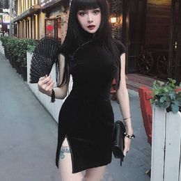2018 Été Velours Femmes Chinois Cheongsam Rétro Harajuku Sexy Robe Moulante Noir Rose C18111901