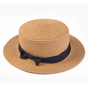 Chapeau de soleil d'été pour femmes, avec nœud, casquette de paille faite à la main, chapeau plat à large bord pour la plage, 2018