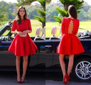 Zoete rode kant mini korte homecoming jurken halve mouw backless cocktailjurken op maat gemaakte eenvoudige goedkope prom dress