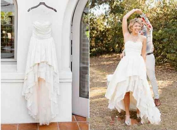 2019 Sweetheart Vestidos de novia altos y bajos Faldas con gradas Hasta el suelo Pliegues de gasa Vestido de novia Vestidos de novia baratos de talla grande