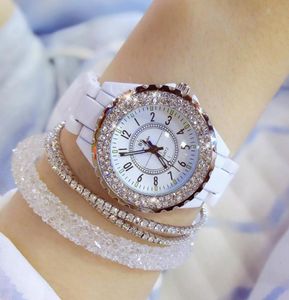 Top Brand Brand Luxury Wrist Wistor Fomen White White Ceramic Band Ladies Watch Quartz Fashion Fashion Femmes Regarde des strass noirs BS V1918371196