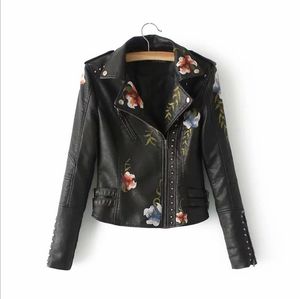 Las mejores chaquetas de mujer, chaqueta de cuero suave bordada con estampado Floral para mujer, abrigo informal de PU para motocicleta, prendas de vestir exteriores Punk