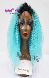 2018 Color de moda Lake Blue Hair Wig with Black Roots Synthetic Afro Kinky Curly Hair Birs Lace Wigs for Black Women8765968