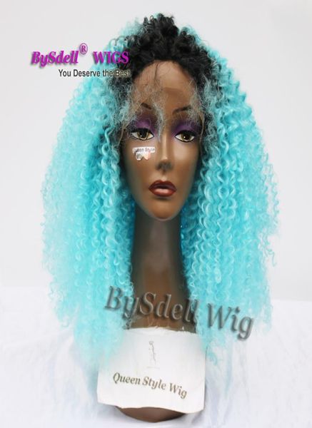 2018 Color Color Lake Blue Hair Wig With Black Roots Synthetic Afro Kinky Curly Hair Front Lace Wigs for Black Women2957975