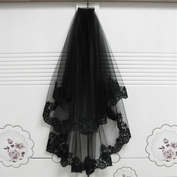 2018 nouveauté unique superbe côté dentelle noir soie double couche voile de mariage voile de mariée Halloween sorcière casque tulle voile cato253A