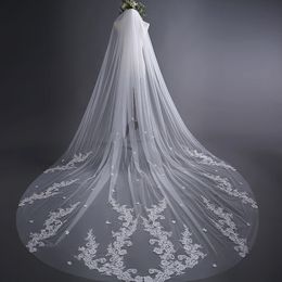 2018 unieke echte foto's bruidsaccessoires trouwjurken sluiers ivoor applique kanten bruid sluier kathedraal lengte goedkoop bruidsaccessoire