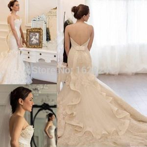 Designers uniques robes de mariée sirène avec volants train chérie sexy dentelle dos nu plus la taille robes de mariée robes de mariée