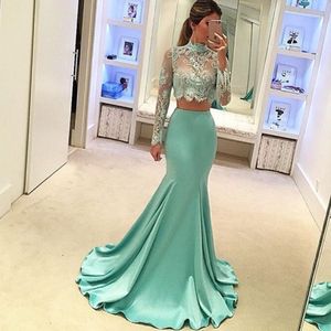 2018 Vestidos de Fiesta Teal Mermaid Prom Dresses Twee Stukken Hoge Hals Lange Mouwen Sexy Prom Party Jurk Sweep Train Avondjurken