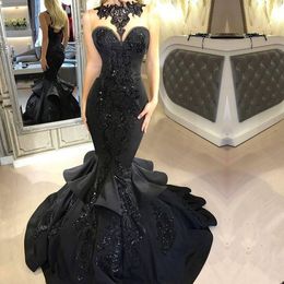 2020 Vintage Black Mouwloze Mermaid Avondjurken Illusie Bodices Kant Pailletten Prom Jurken Ruches Speciale Gelegenheidskleding