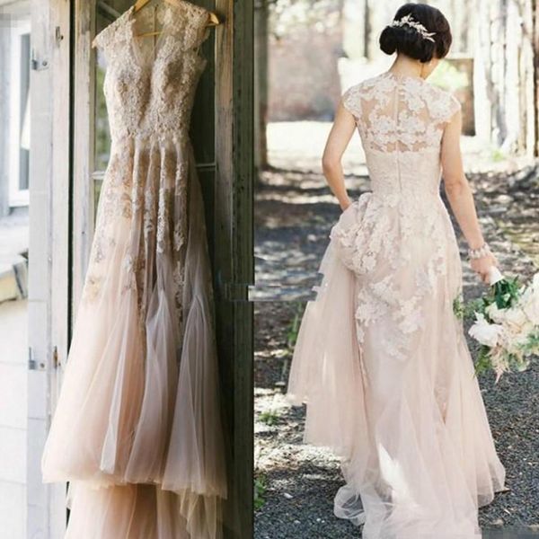 Vintage Blush Rose Pays Robes De Mariée Sheer V Cou Applique Longueur De Plancher Sur Mesure Une Ligne Tulle Plus La Taille Robes De Mariée