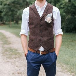 Gilets de marié en laine 2021 Mode Marron Foncé Tweed Poches à chevrons Gilets de costume pour hommes Slim Fit Gilets de robe pour hommes Gilet de mariage en stock
