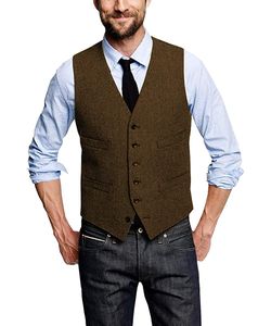 Vintage Brown Groom Gilets Pour Mariage Rustique Tweed À Chevrons Mens Costume Gilets Slim Fit Hommes Robe Gilet Personnalisé Gilet Réglable