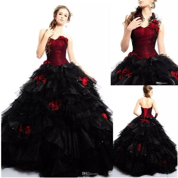 2019 Vintage Borgoña Vestido de fiesta gótico Vestidos de novia con flores sin tirantes Vestido de fiesta de Halloween de tul negro y rojo Vestidos de novia con corsé